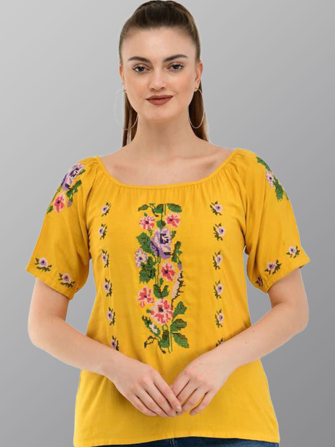 

TAARAA Floral Embroidered Round Neck Top, Mustard