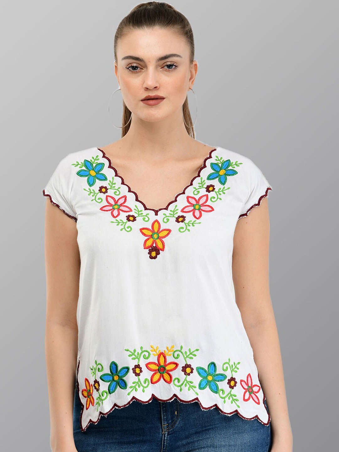 

TAARAA Floral Embroidered Top, White