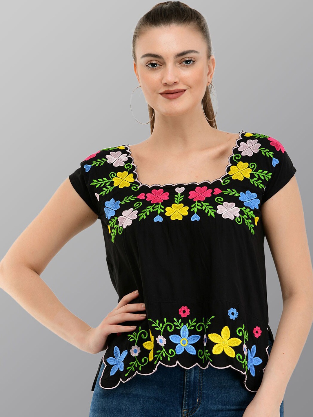 

TAARAA Floral Embroidered Top, Black