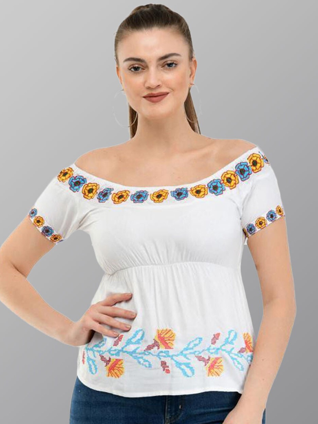 

TAARAA Floral Embroidered Off-Shoulder Cinched Waist Top, White