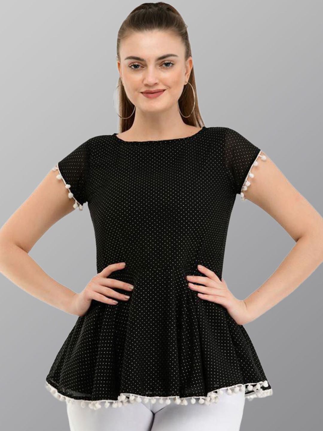 

TAARAA Polka Dot Print Cotton Peplum Top, Black