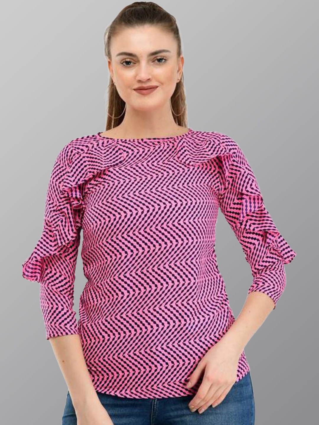 

TAARAA Geometric Print Ruffles Top, Purple