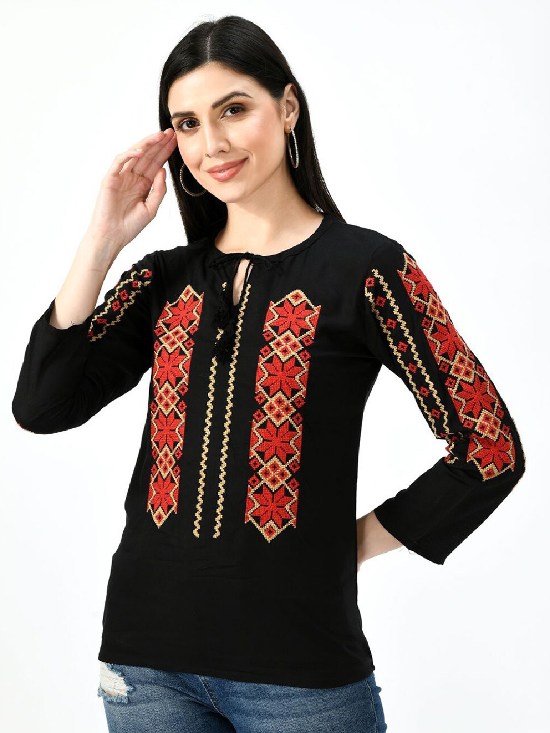 

TAARAA Ethnic Embroidered Tie-Up Neck Top, Black