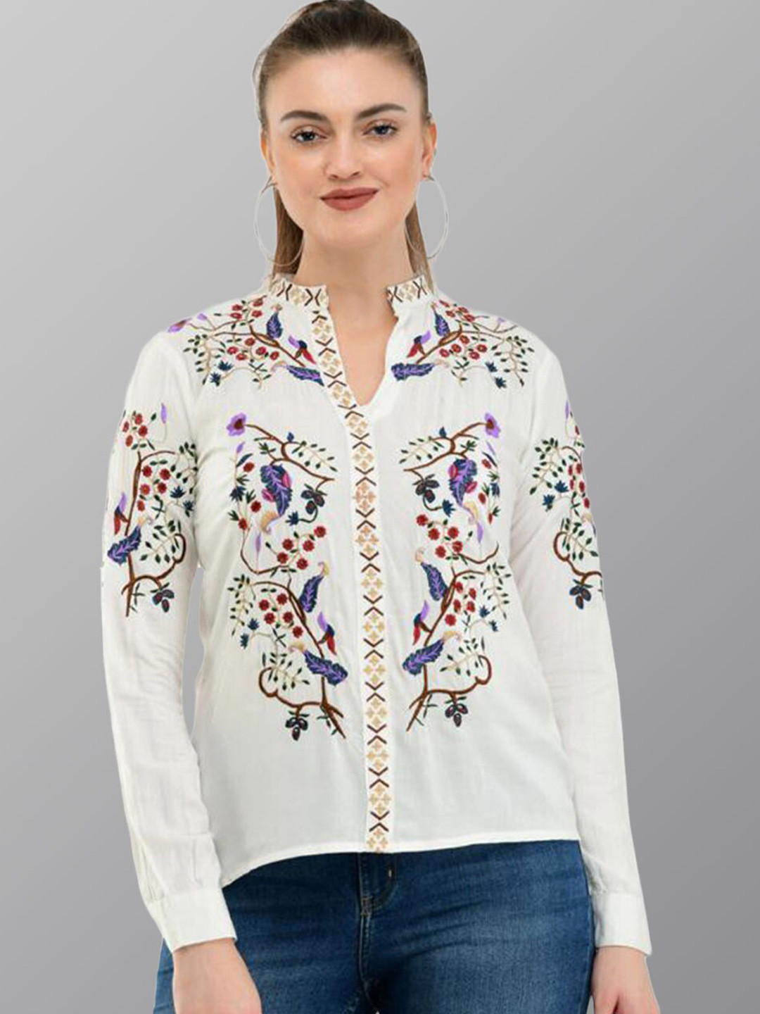 

TAARAA Floral Print Mandarin Collar Long Sleeves Top, White