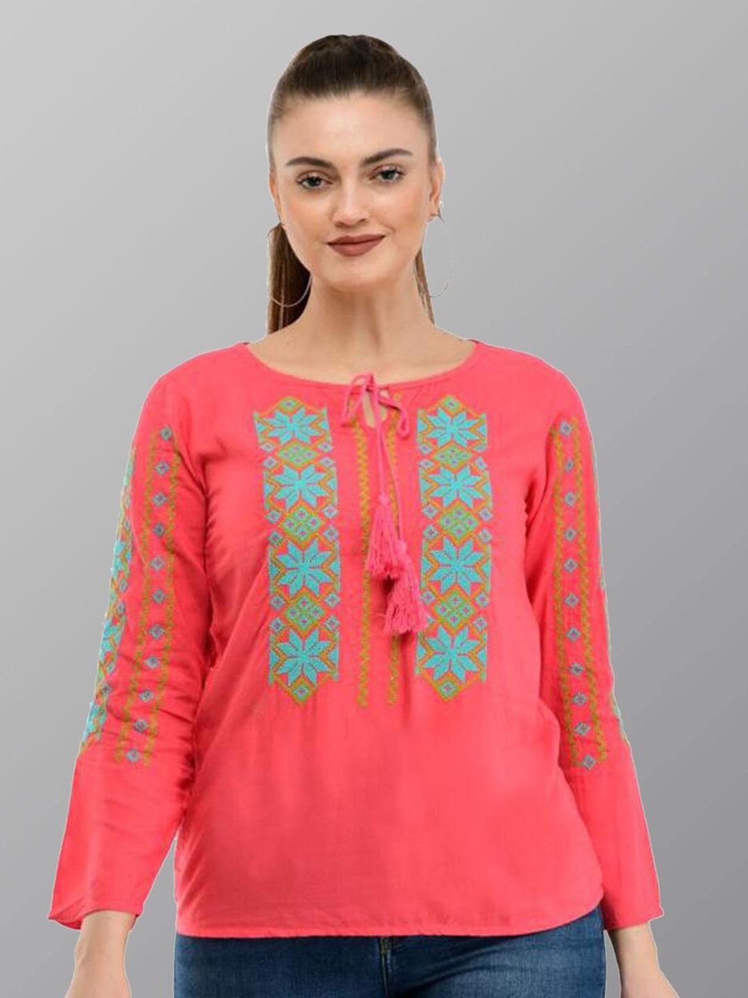 

TAARAA Ethnic Embroidered Tie-Up Neck Top, Pink