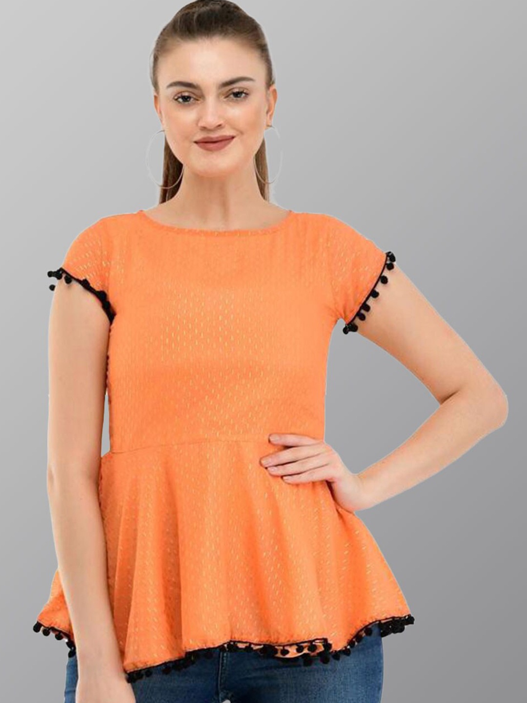 

TAARAA Self Design Cotton Lace Peplum Top, Orange