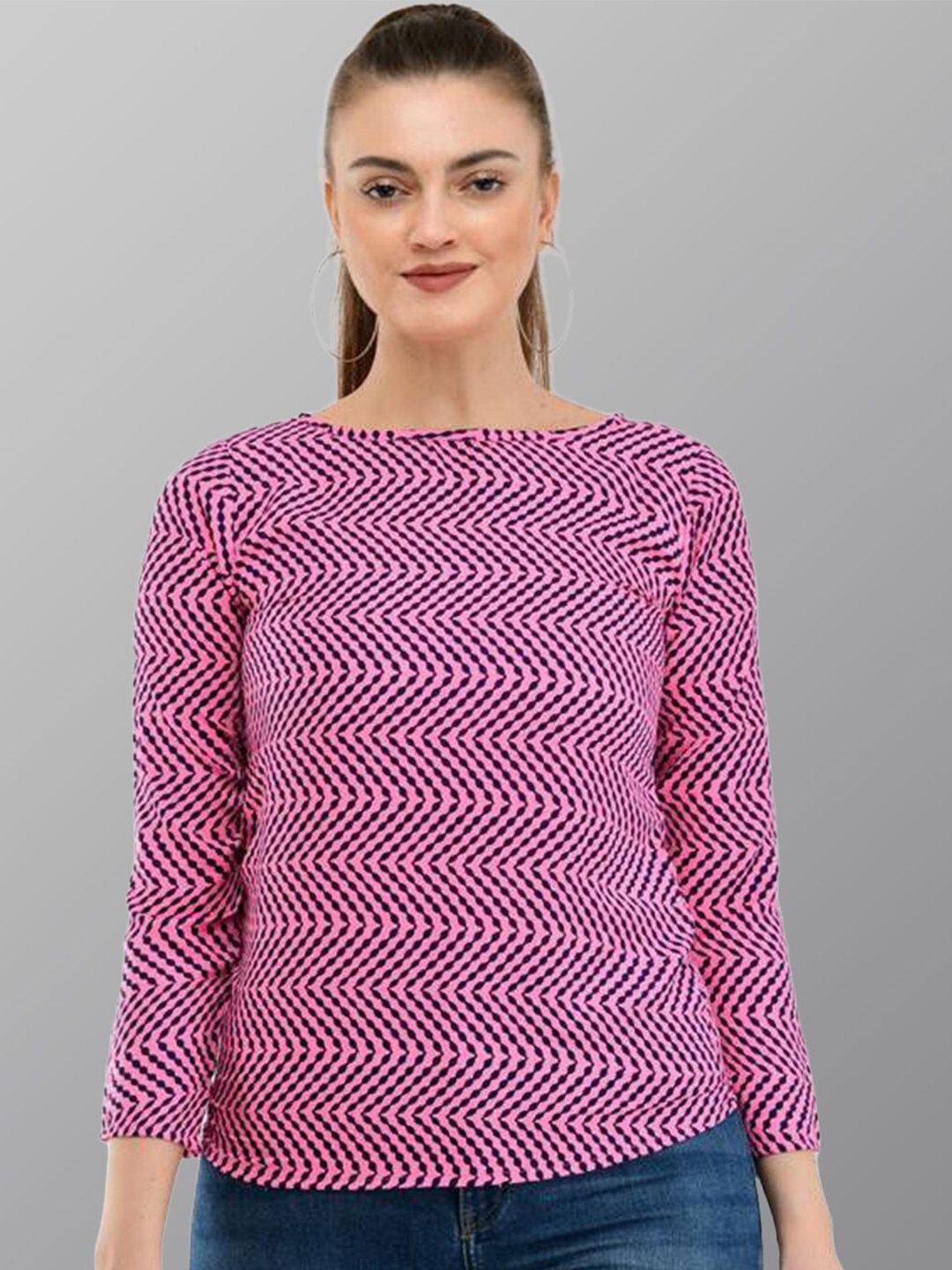 

TAARAA Geometric Print Boat Neck Top, Purple