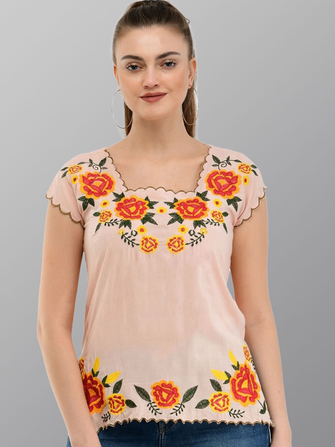 

TAARAA Floral Embroidered Square Neck Regular Top, Peach