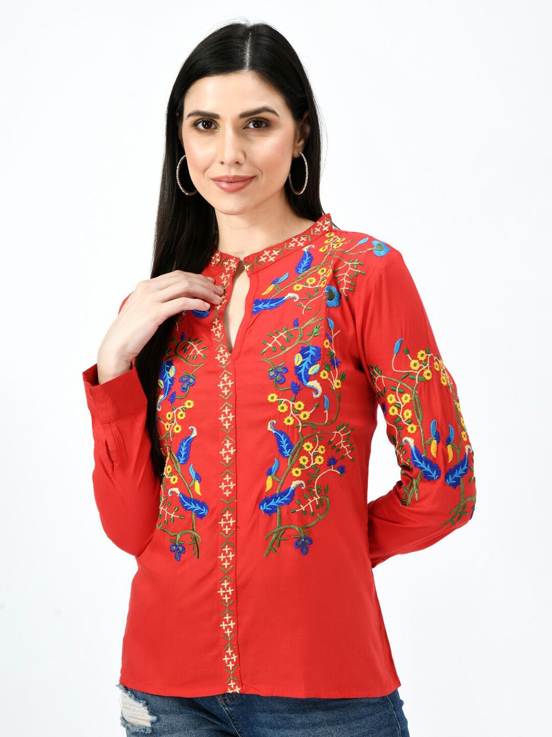

TAARAA Floral Printed Mandarin Collar Shirt Style Top, Red