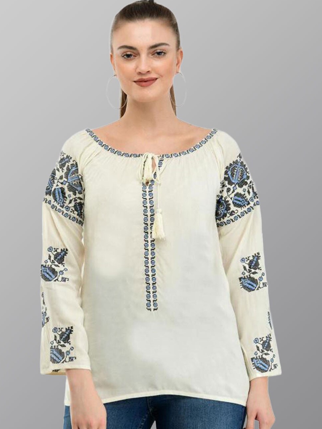 

TAARAA Print Tie-Up Neck Top, White