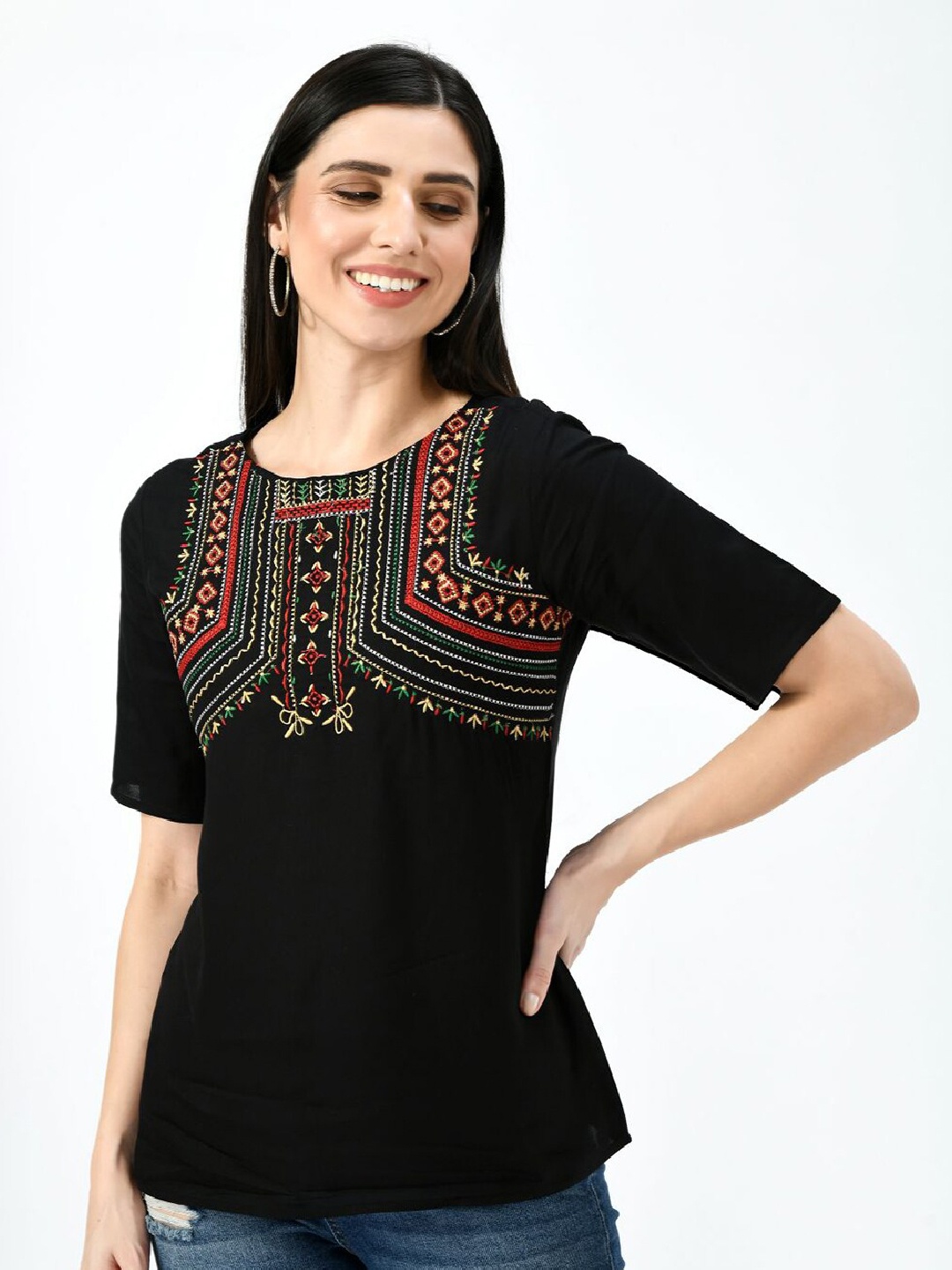 

TAARAA Ethnic Embroidered Top, Black