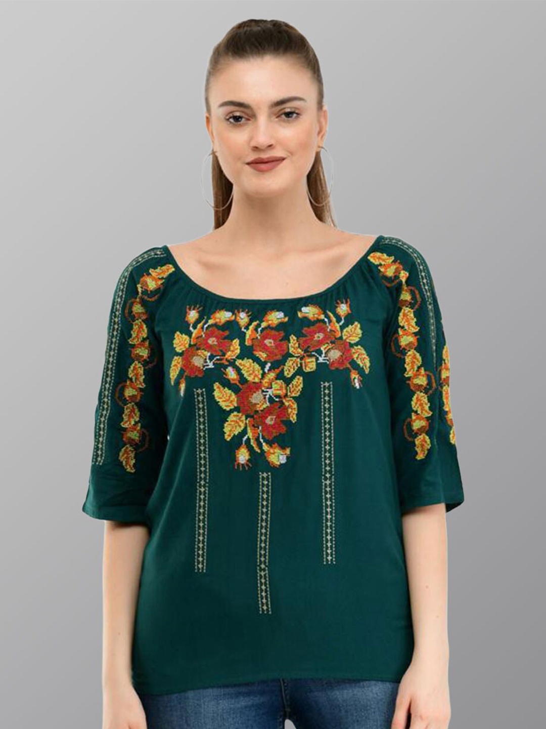 

TAARAA Floral Embroidered Top, Green