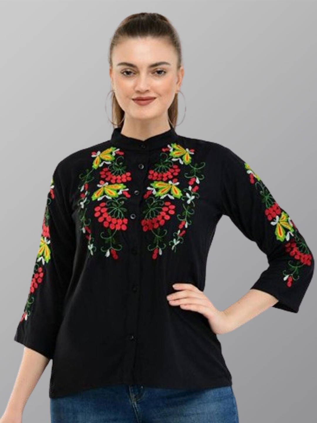 

TAARAA Comfort Floral Embroidered Casual Shirt, Black