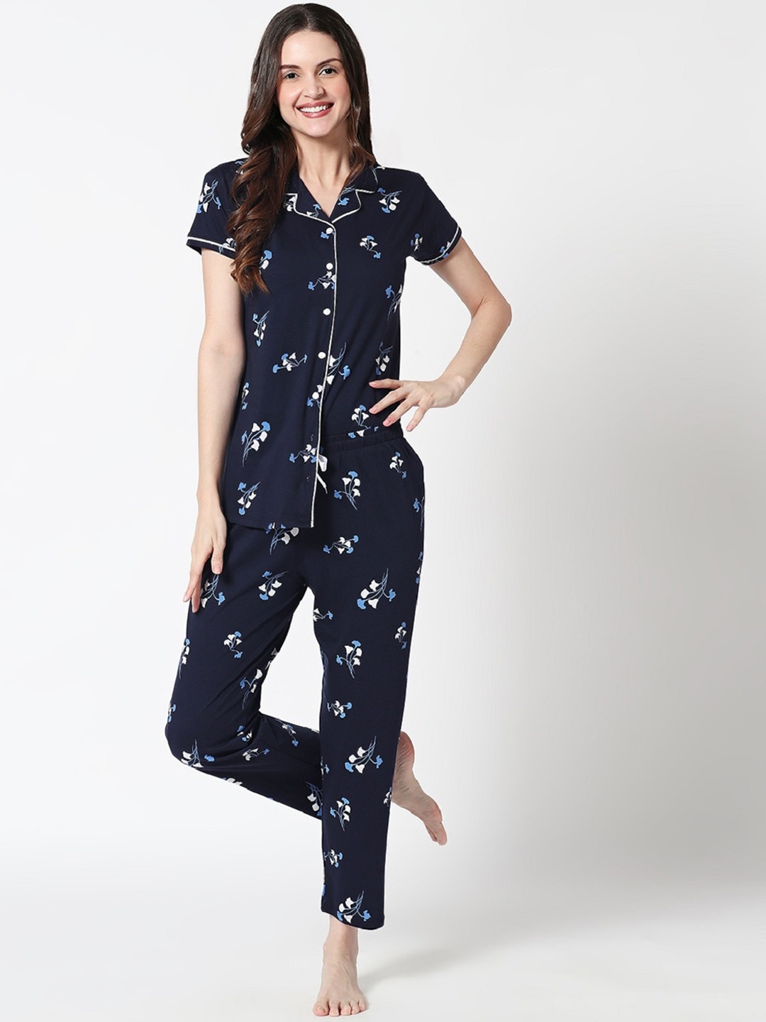 

Zeyo Floral Printed Pure Cotton Night Suit, Navy blue