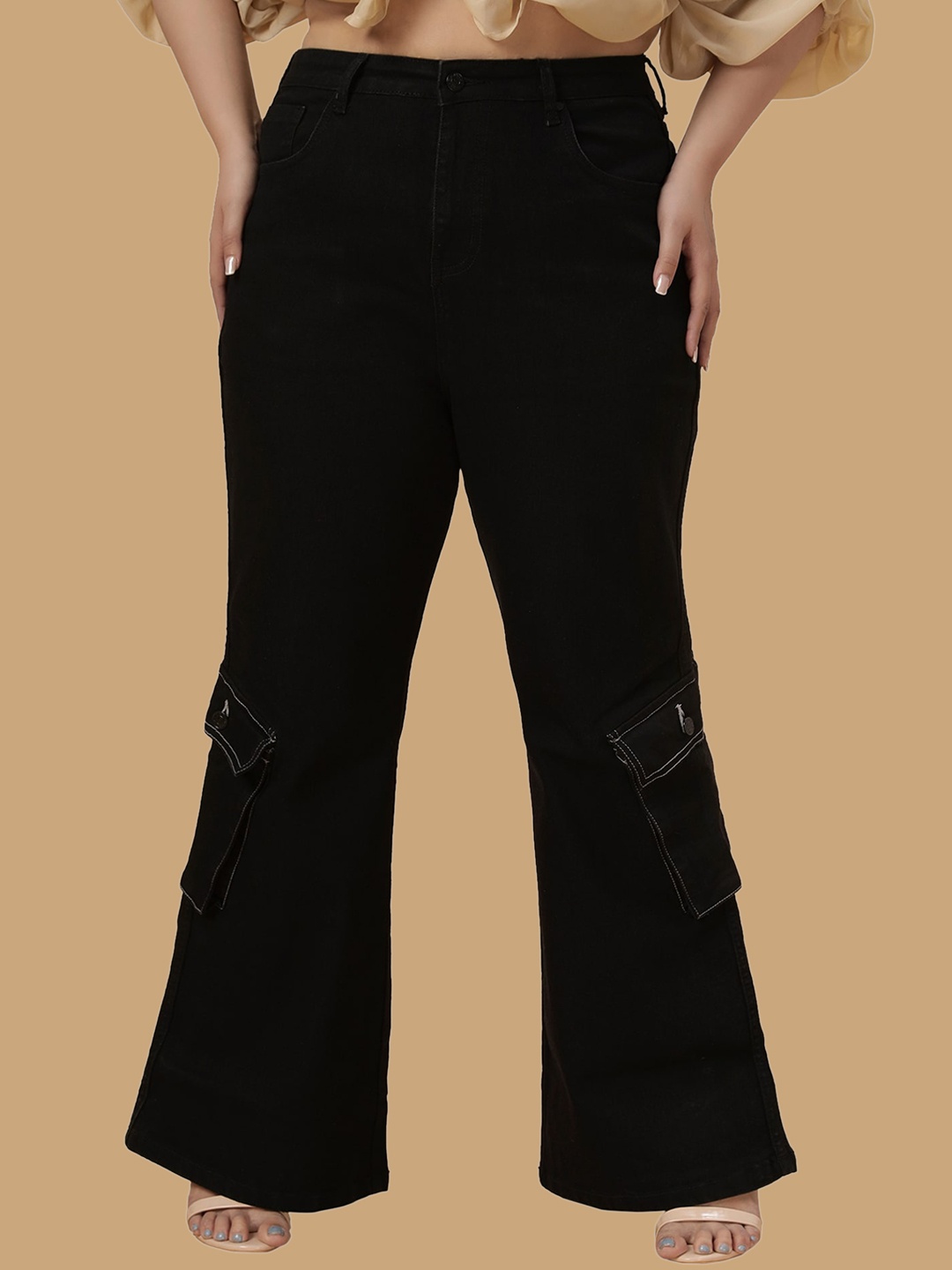 

Turning Blue Women Plus Size Flared Leg Cargo Jeans, Black