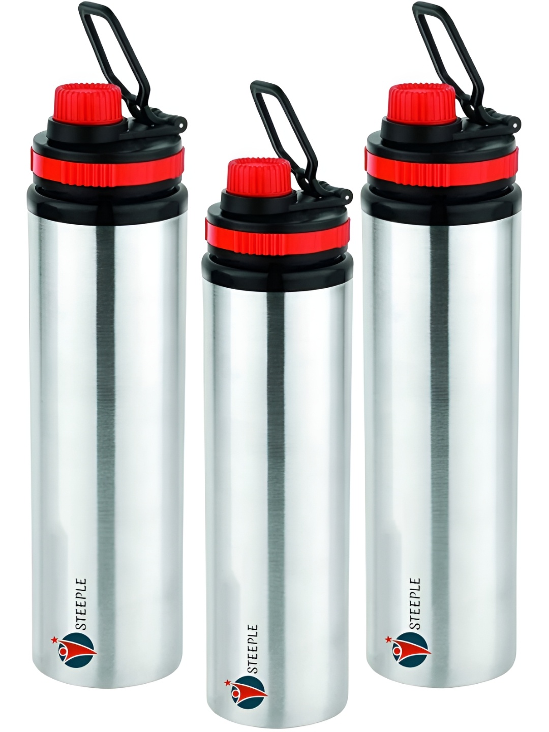 

STEEPLE Silver Toned & Black 3 Pieces Stainless Steel Water Bottle 900 ml Each