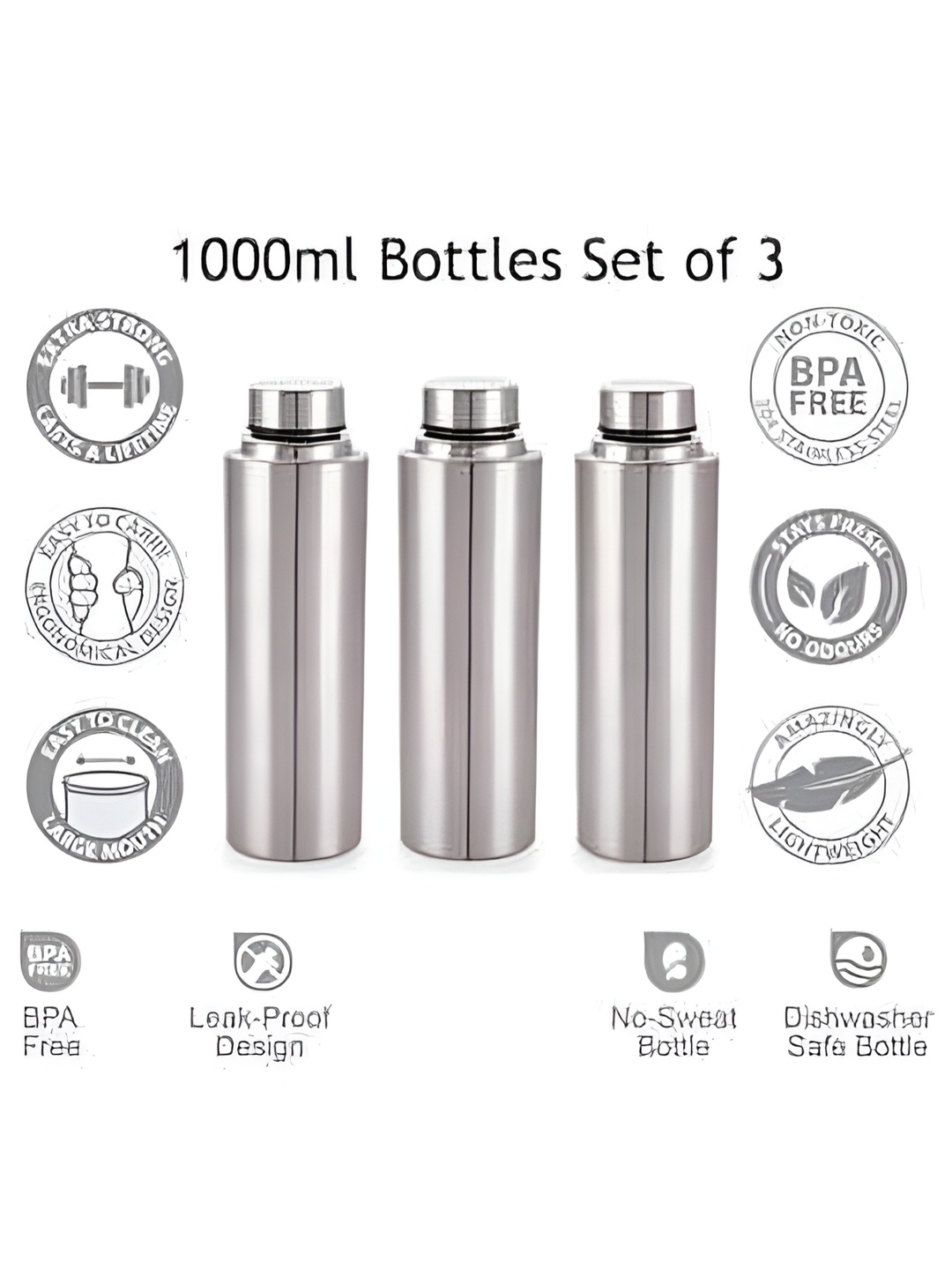 

STEEPLE Silver-Toned 3 Pieces Stainless Steel Water Bottle 1L