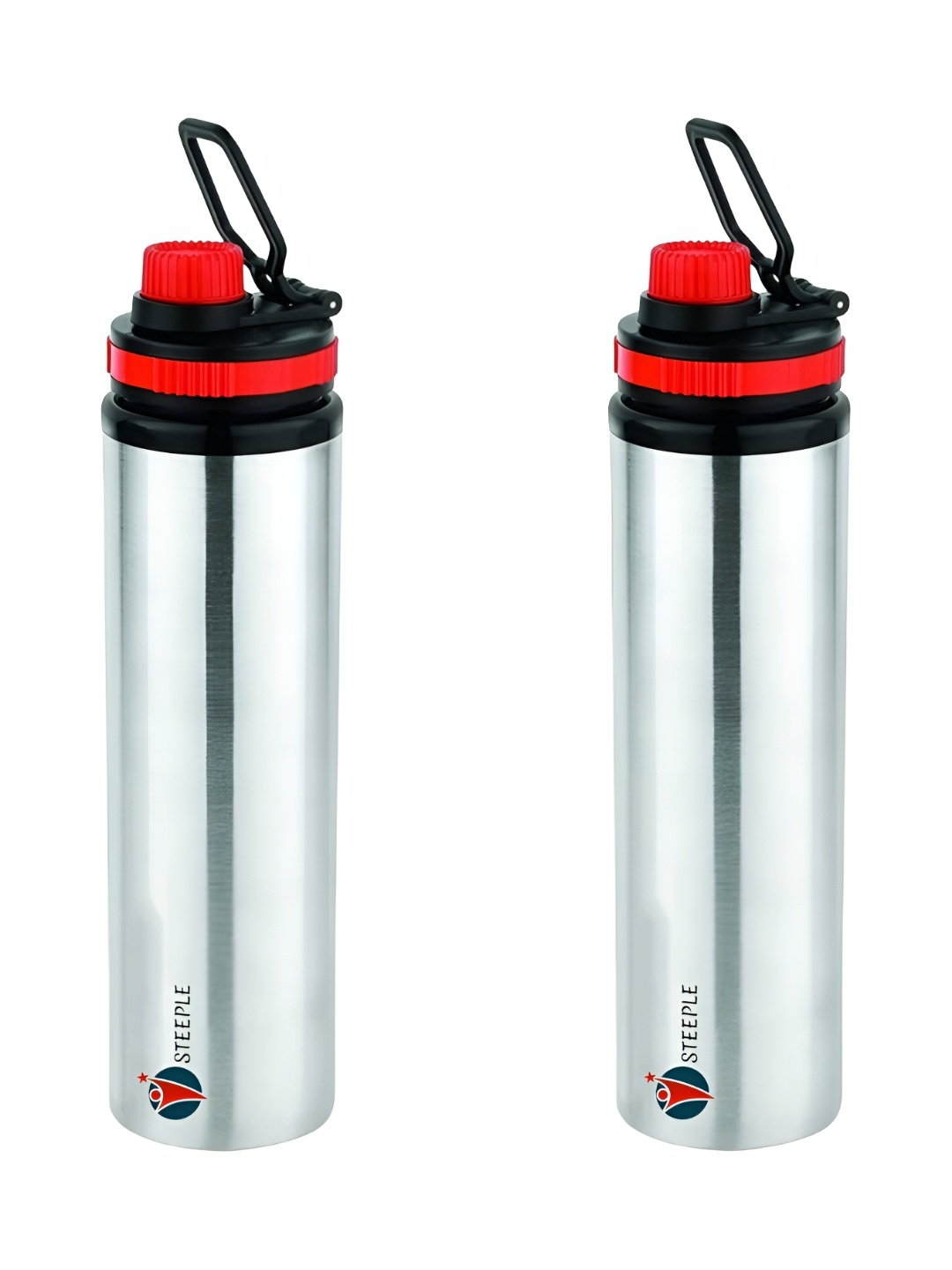 

STEEPLE Silver-Toned & Red 2 Pieces Stainless Steel Solid Water Bottle 950 ml