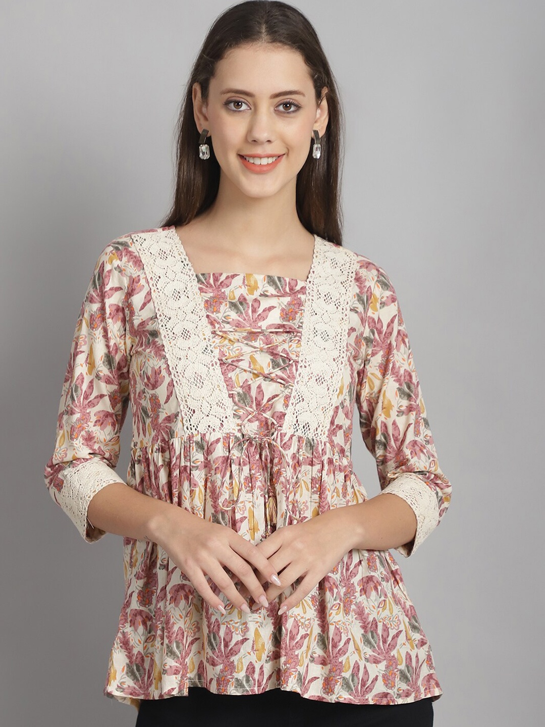 

Frempy Ethnic Motifs Printed Pure Cotton Square Neck Empire Top, Pink