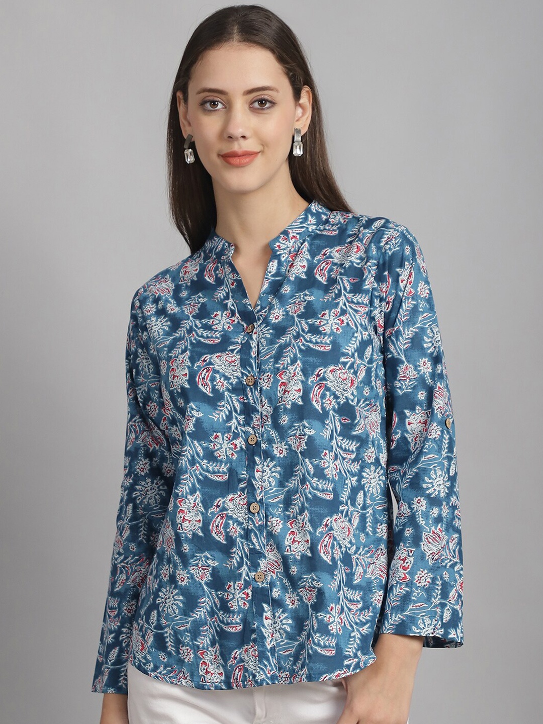 

Frempy Floral Printed Mandarin Collar Pure Cotton Shirt Style Top, Blue