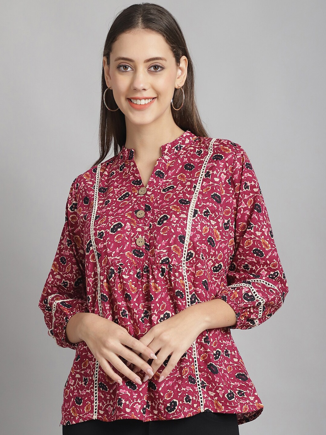 

Frempy Ethnic Motifs Printed Mandarin Collar A-Line Pure Cotton Top, Burgundy