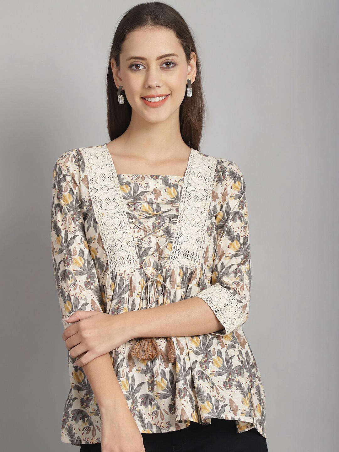 

Frempy Floral Printed Pure Cotton Square Neck Peplum Top, Off white