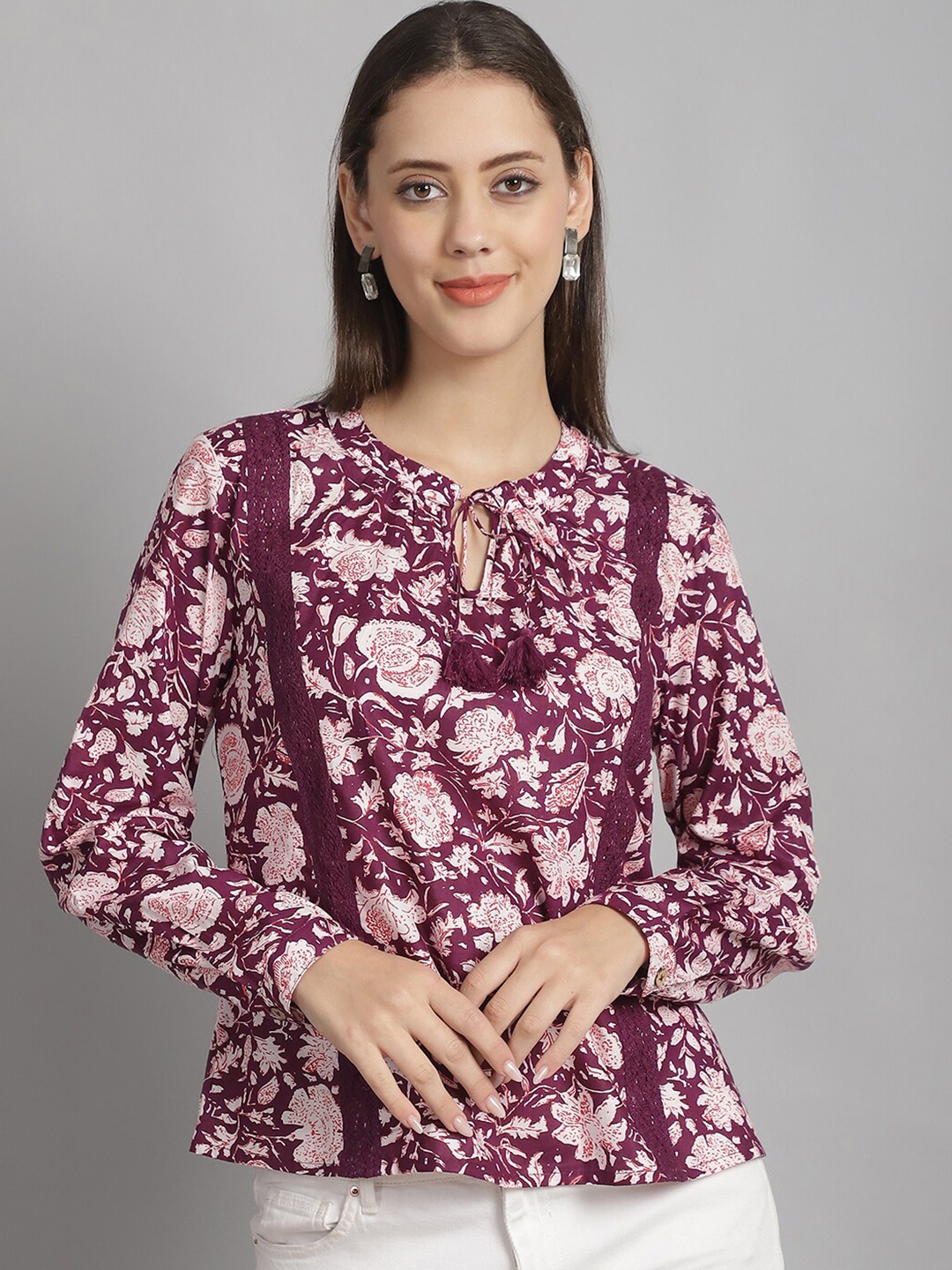 

Frempy Floral Printed Keyhole Neck Pure Cotton Top, Magenta