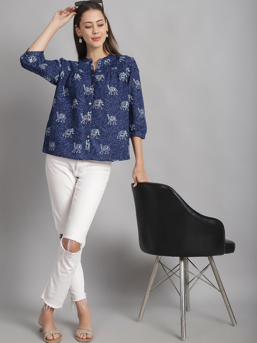 

Frempy Floral Printed Roll-Up Sleeves Pure Cotton Top, Navy blue