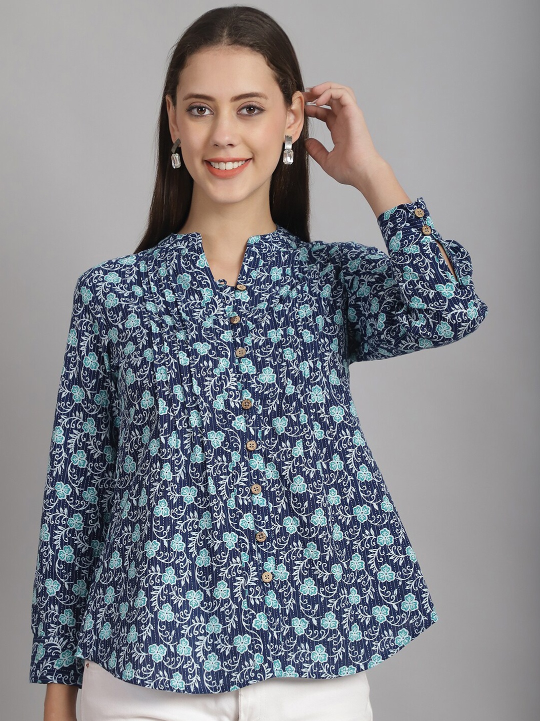 

Frempy Floral Printed Mandarin Collar Pure Cotton Shirt Style Top, Navy blue