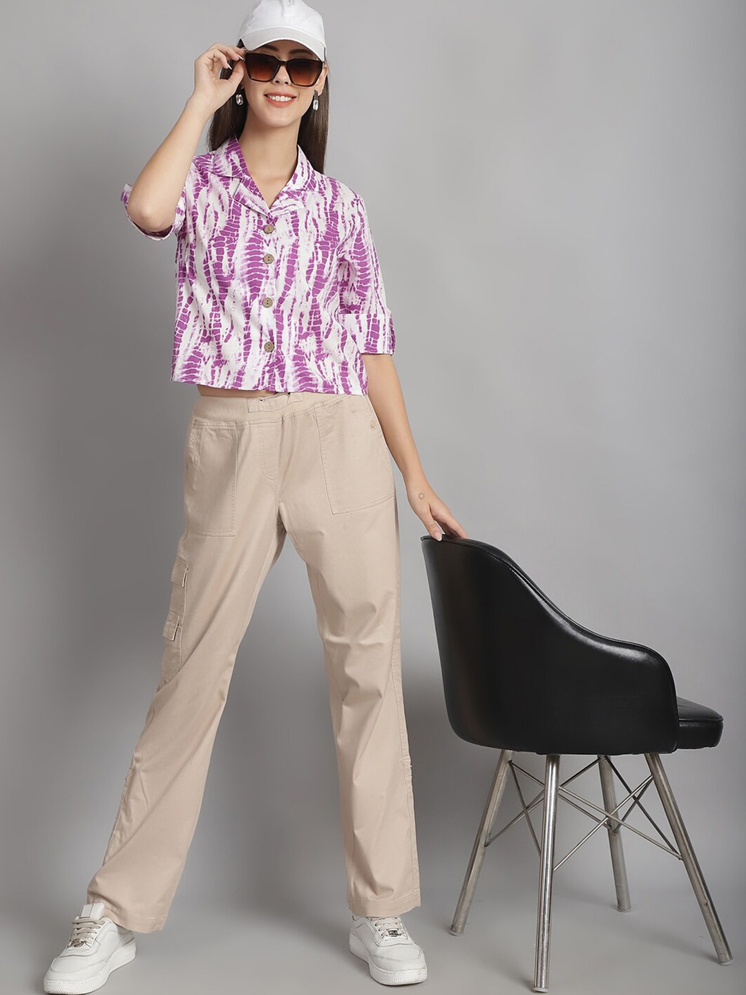 

Frempy Abstract Printed Shirt Collar Pure Cotton Shirt Style Top, Lavender