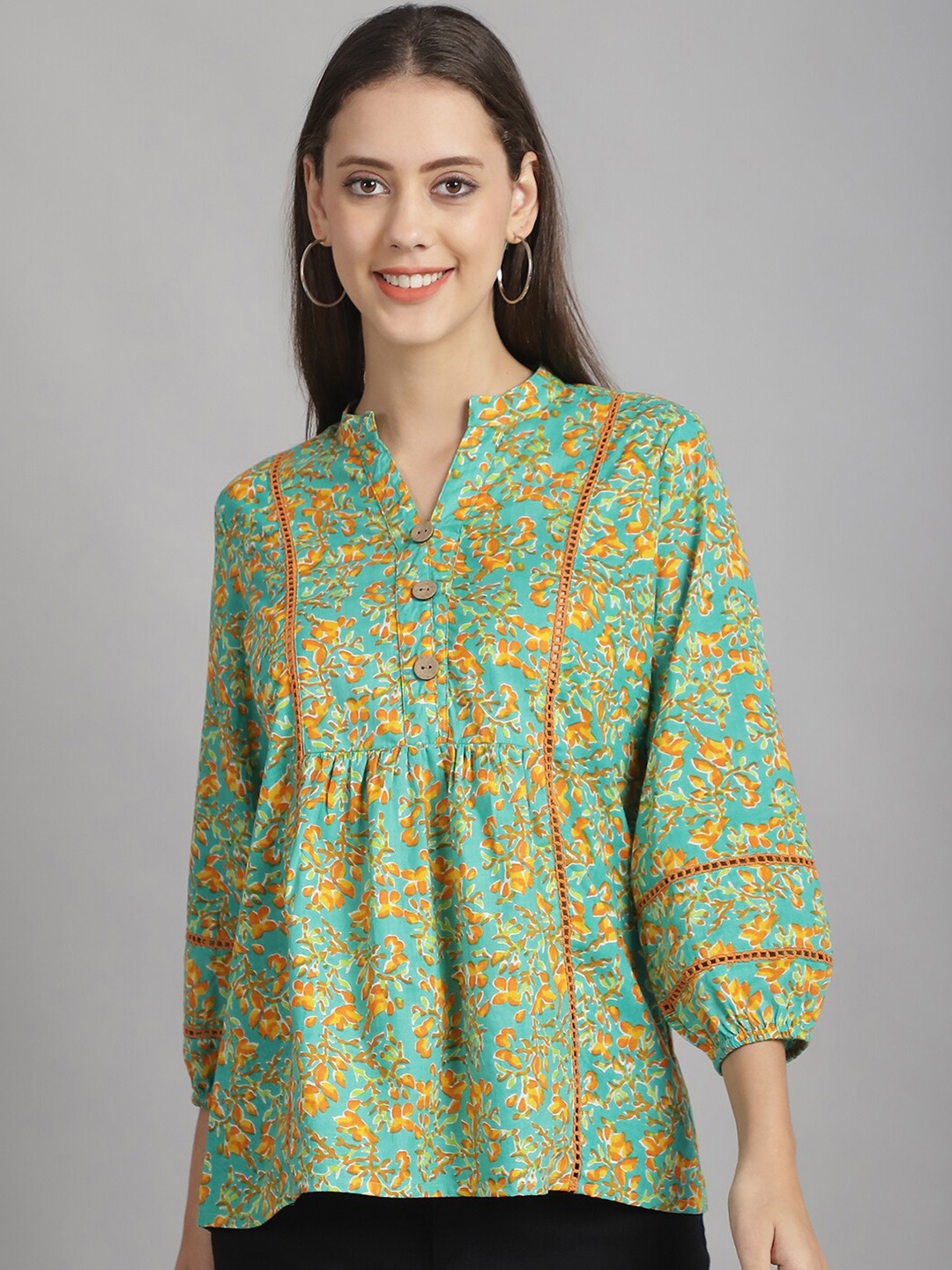 

Frempy Floral Print Mandarin Collar Cotton Top, Lime green