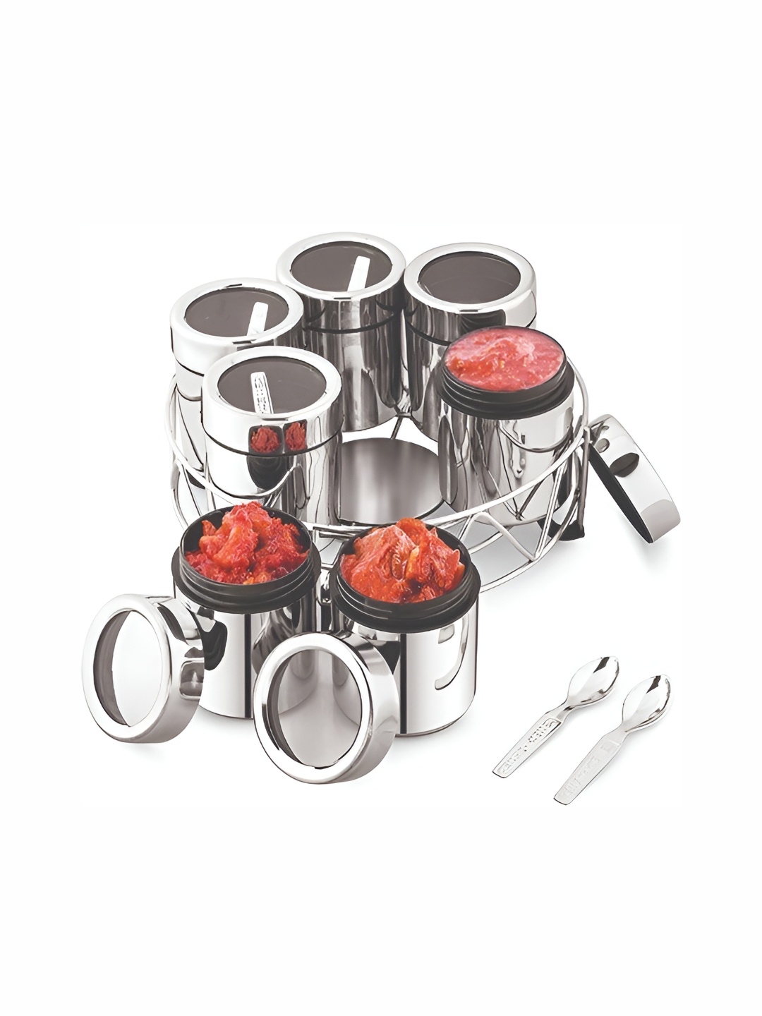 

STEEPLE Silver toned &Transparent 7 Pcs Durable Stainless Steel Spice Box With Stand 1.33L