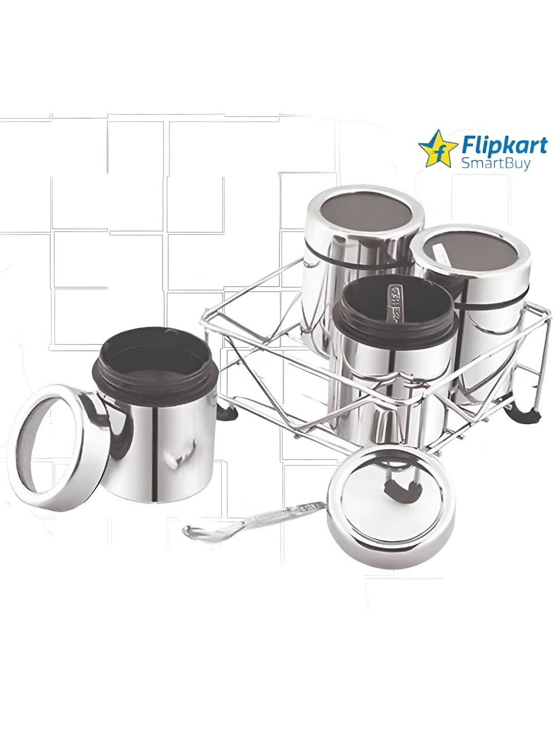 

STEEPLE Silver toned & Black 8 Pcs Stainless Steel Masala Box With Stand