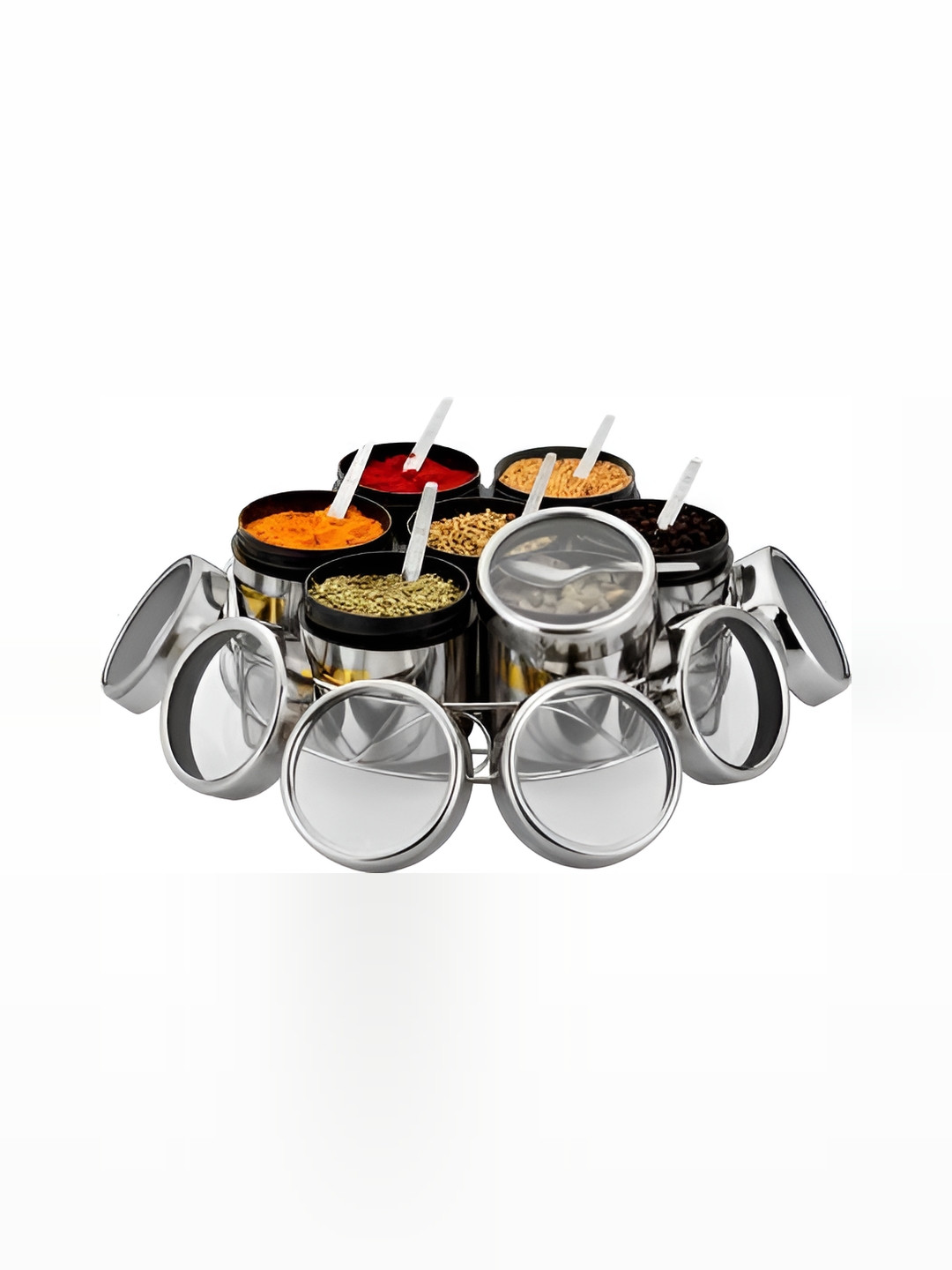 

STEEPLE Silver toned & Black 7 Pcs Stainless Steel Spice Box With Stand
