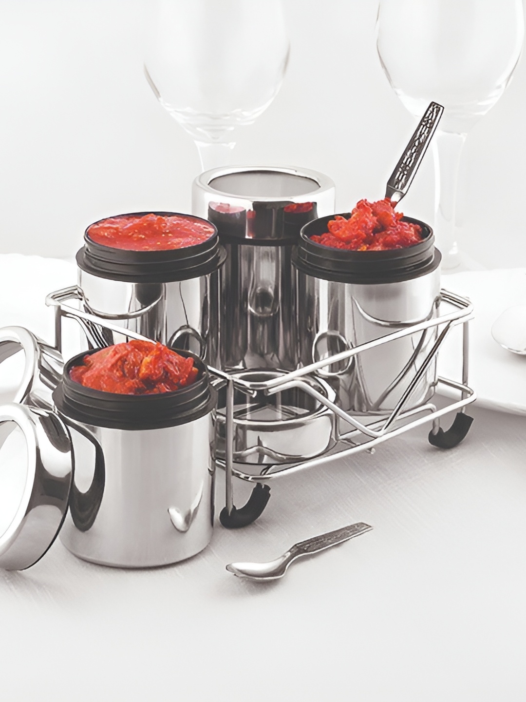 

STEEPLE Silver toned & black 4 Pcs Stainless Steel Spice Box