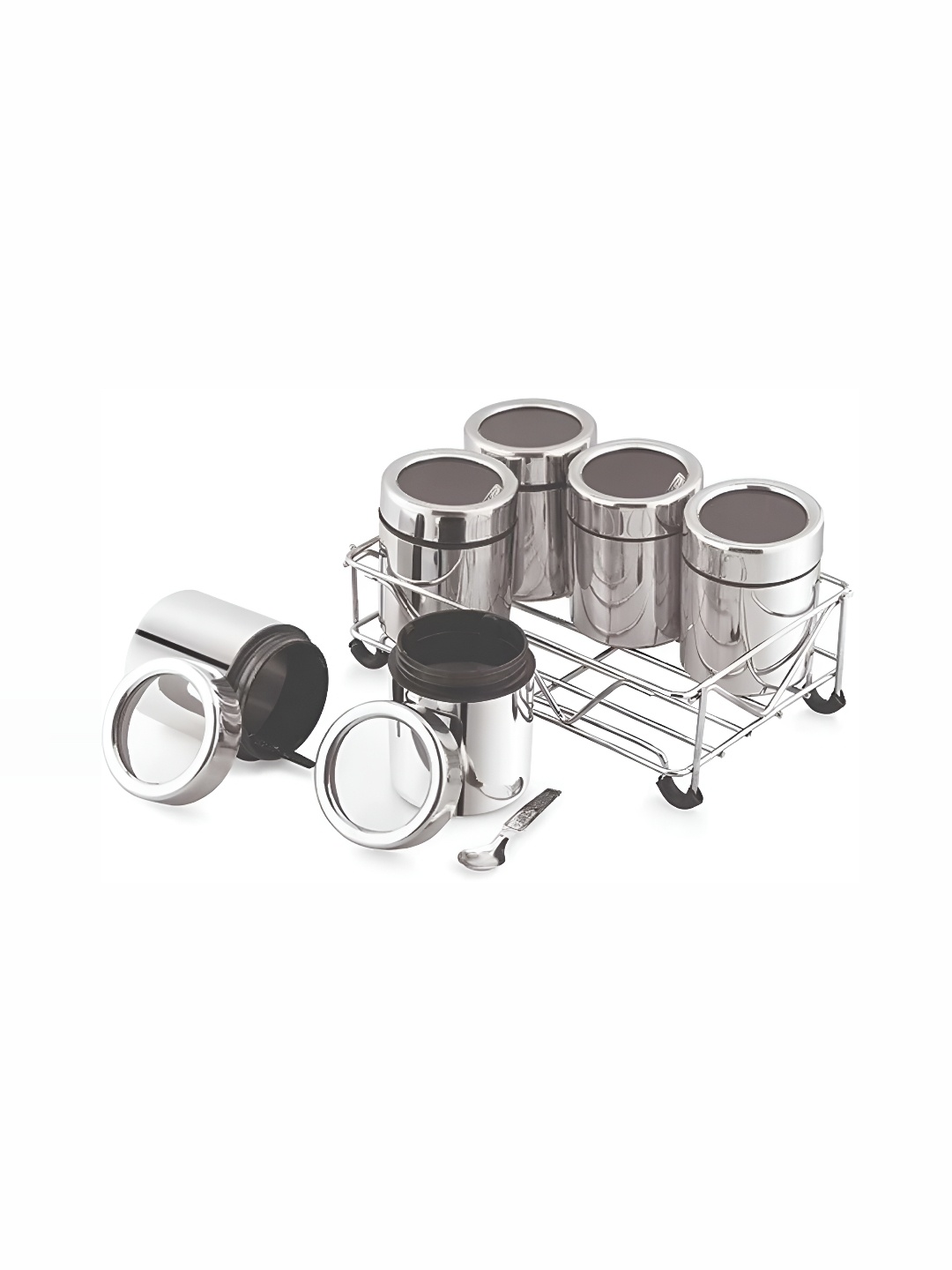 

STEEPLE White 6 Pieces Stainless Steel Masala Box With Stand, Silver