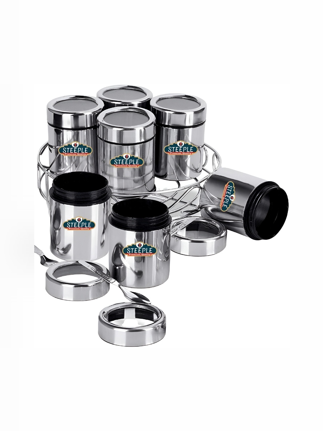 

STEEPLE White 7 Pieces Stainless Steel Spice Box With Stand