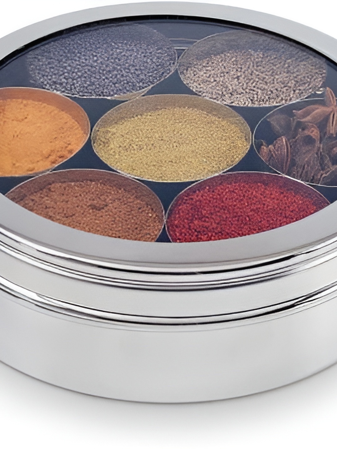 

STEEPLE Silver toned & White 7 Pcs Stainless Steel Masala Box