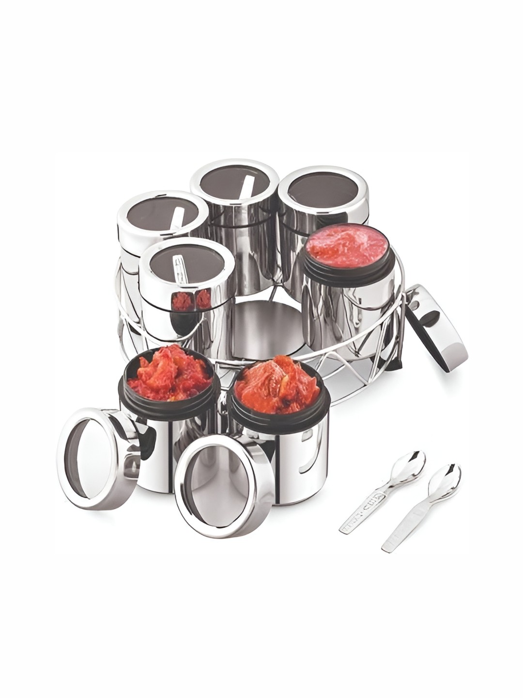 

STEEPLE Silver toned & White 7 Pcs Stainless Steel Spice Box With Stand
