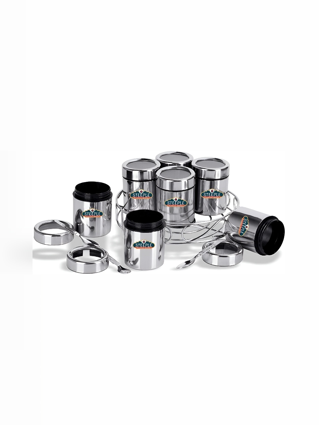 

STEEPLE Silver Toned & Black 7 Pcs Stainless Steel Spice Box