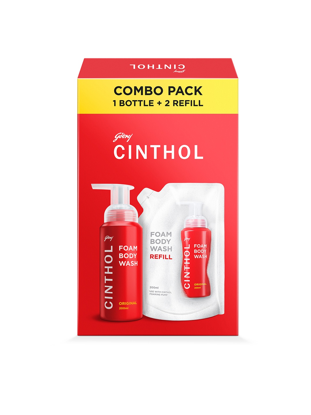 

CINTHOL Original Foam Body Wash Combo Pack - 1 Bottle & 2 Refill - 200 ml Each, White