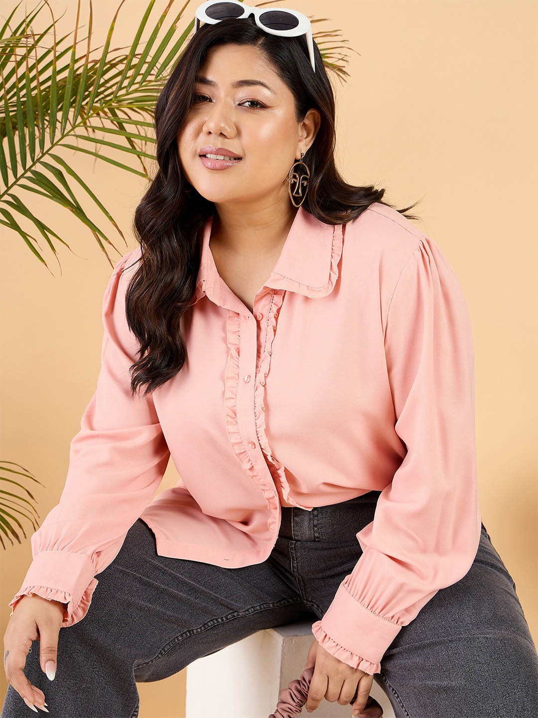 

CURVY STREET Plus Size Comfort Opaque Frill Casual Shirt, Peach