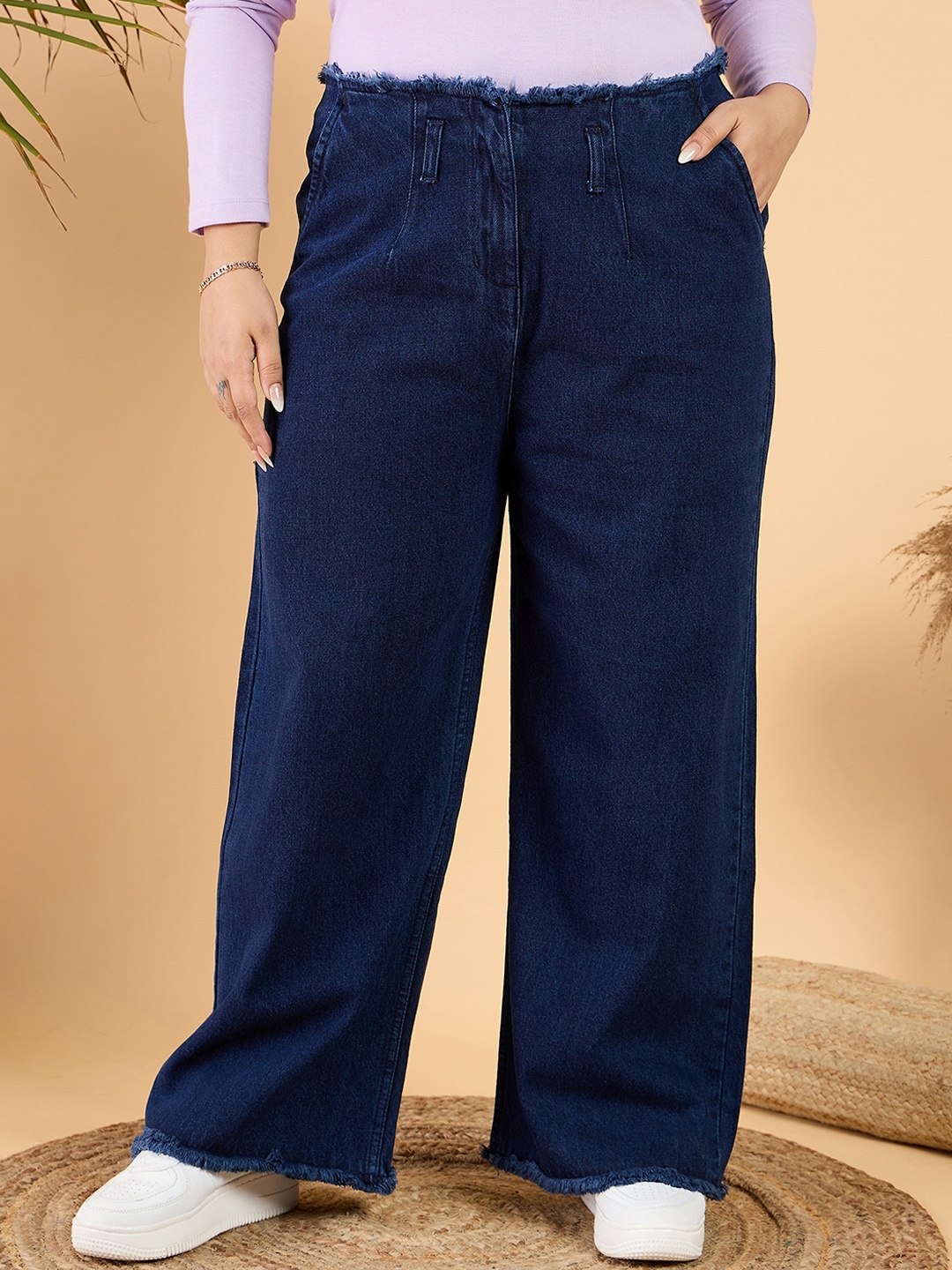 

CURVY STREET Plus Size Women Wide Leg Mid Rise Clean Look Pure Cotton Denim Jeans, Blue