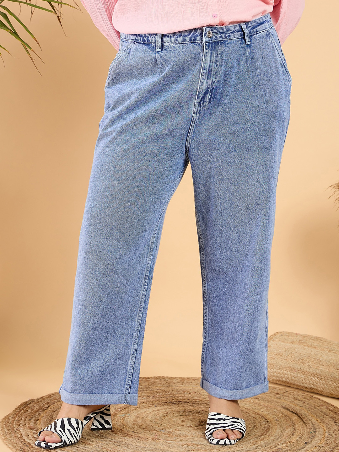 

CURVY STREET Plus Size Women Wide Leg Mid Rise Clean Look Pure Cotton Denim Jeans, Blue