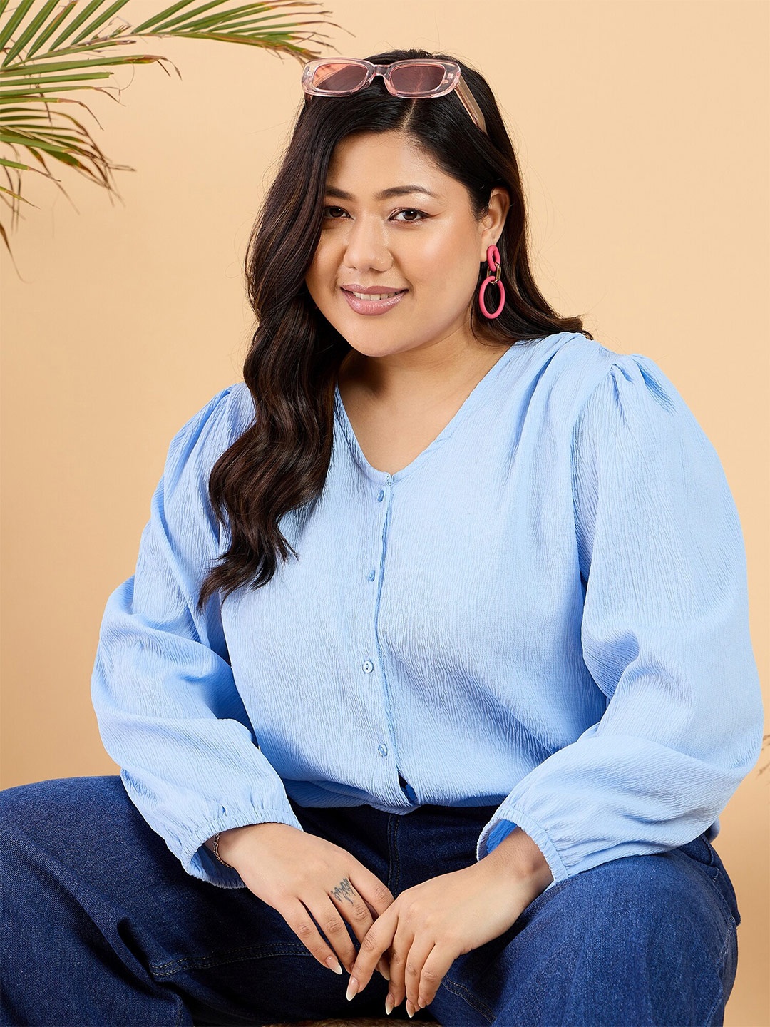 

CURVY STREET Plus Size V-Neck Puff Sleeve Top, Blue