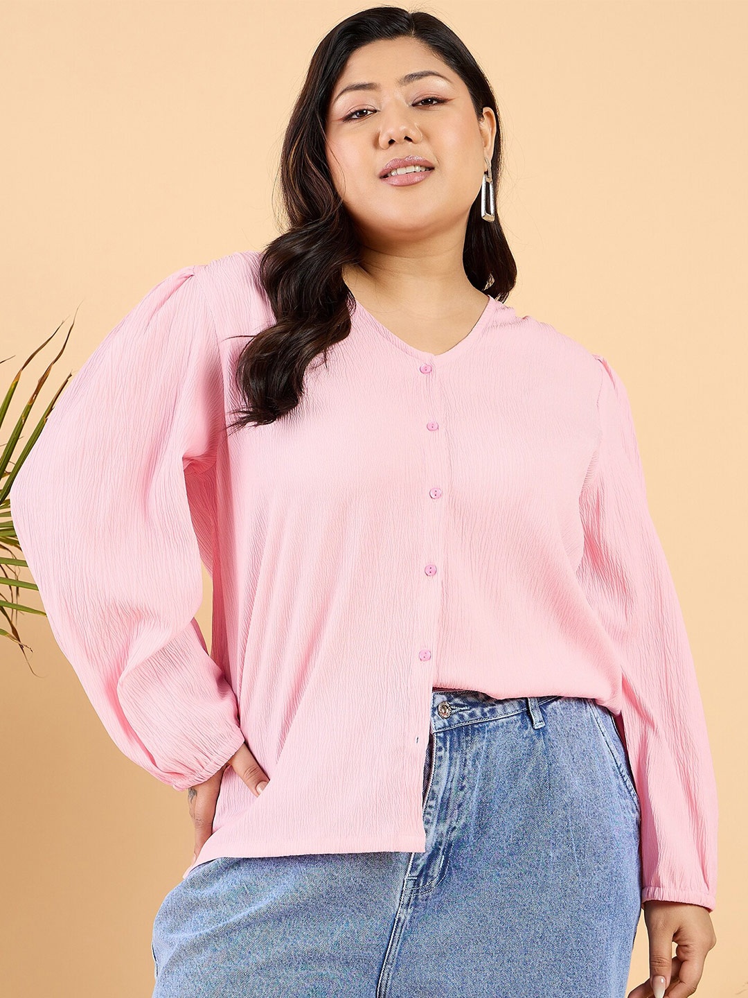 

CURVY STREET Plus Size V-Neck Puff Sleeve Top, Pink