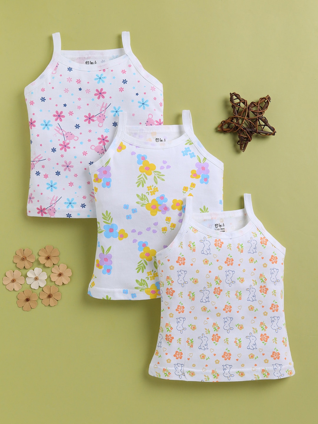 

Redden Girls Pack Of 3 Printed Pure Cotton Camisoles, White