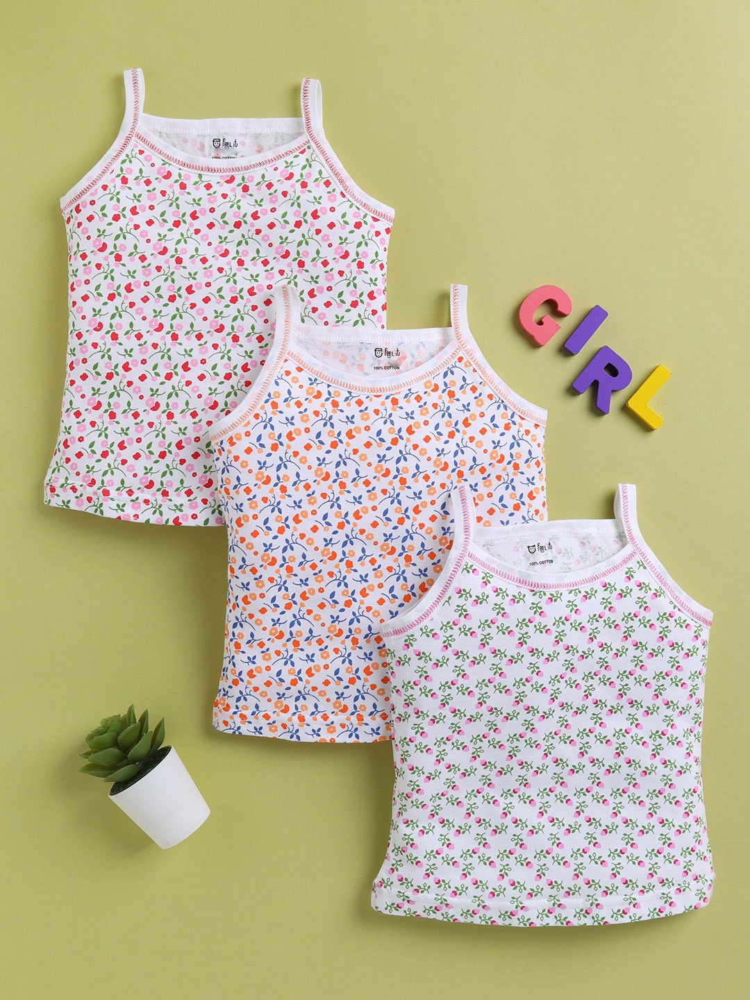

Redden Girls Pack Of 3 Printed Comfortable Cotton Camisoles, White