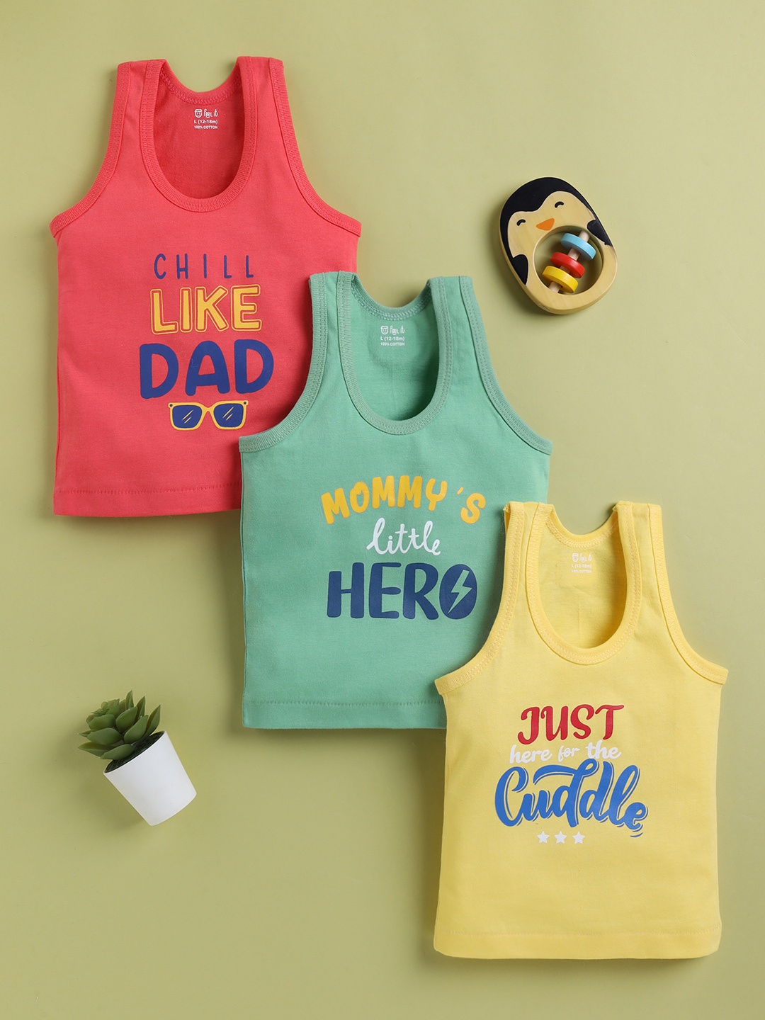 

Redden Boys Pack Of 3 Printed Pure Cotton Vests, Yellow