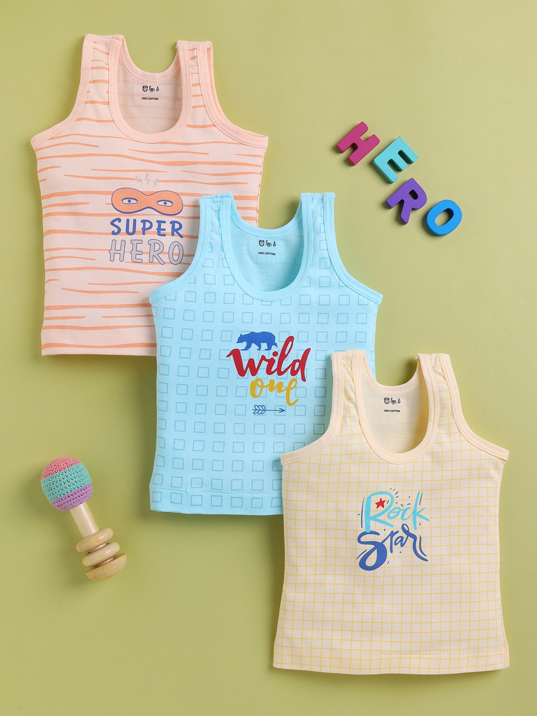 

Redden Boys Pack Of 3 Printed Pure Cotton Sleeveless Innerwear Vests, Blue